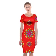 Rainbow Colors Geometric Circles Seamless Pattern On Red Background Classic Short Sleeve Midi Dress by BangZart