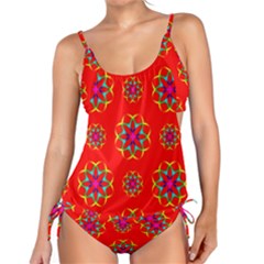 Rainbow Colors Geometric Circles Seamless Pattern On Red Background Tankini