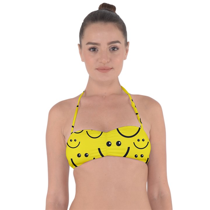 Digitally Created Yellow Happy Smile  Face Wallpaper Halter Bandeau Bikini Top