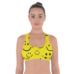 Digitally Created Yellow Happy Smile  Face Wallpaper Cross Back Sports Bra