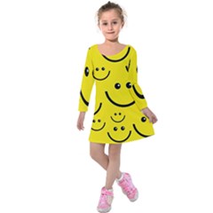 Digitally Created Yellow Happy Smile  Face Wallpaper Kids  Long Sleeve Velvet Dress by BangZart