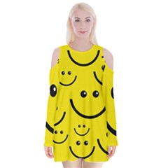 Digitally Created Yellow Happy Smile  Face Wallpaper Velvet Long Sleeve Shoulder Cutout Dress by BangZart