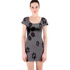 Dog Foodprint Paw Prints Seamless Background And Pattern Short Sleeve Bodycon Dress by BangZart