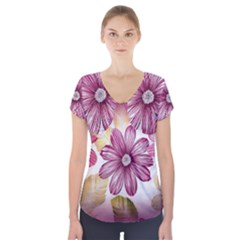 Flower Print Fabric Pattern Texture Short Sleeve Front Detail Top by BangZart