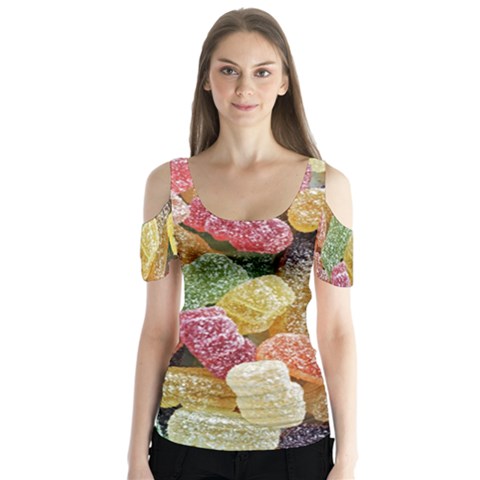 Jelly Beans Candy Sour Sweet Butterfly Sleeve Cutout Tee  by BangZart