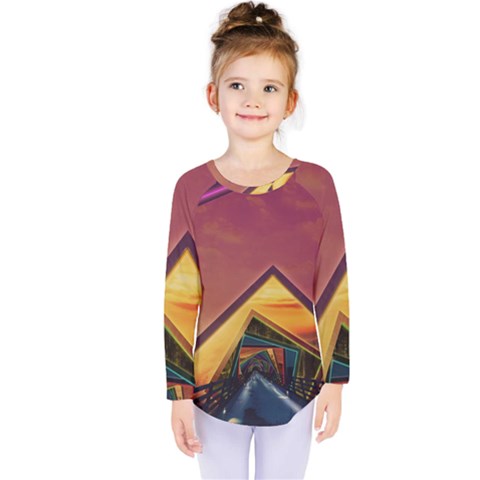 The Rainbow Bridge Of A Thousand Fractal Colors Kids  Long Sleeve Tee by jayaprime