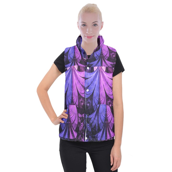 Beautiful Lilac Fractal Feathers of the Starling Women s Button Up Puffer Vest