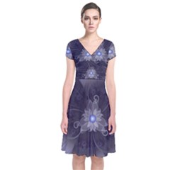 Amazing Fractal Triskelion Purple Passion Flower Short Sleeve Front Wrap Dress by jayaprime