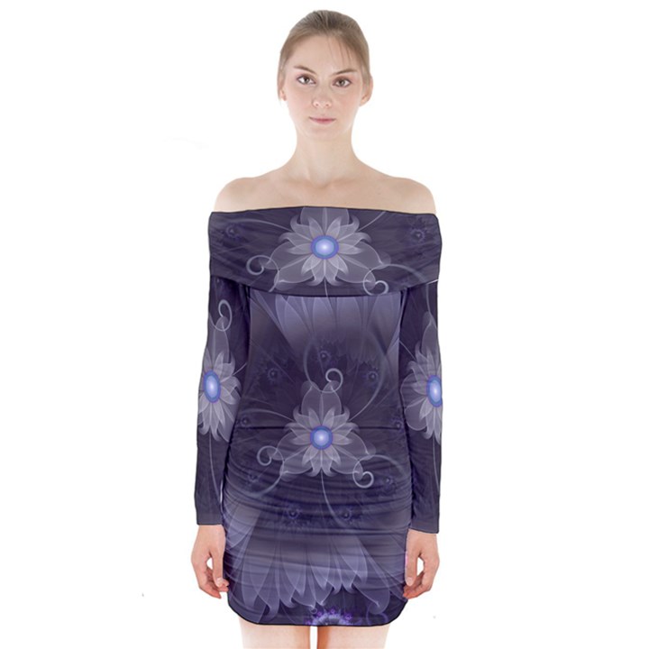 Amazing Fractal Triskelion Purple Passion Flower Long Sleeve Off Shoulder Dress