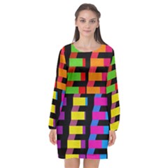 Colorful Rectangles And Squares                  Long Sleeve Chiffon Shift Dress by LalyLauraFLM