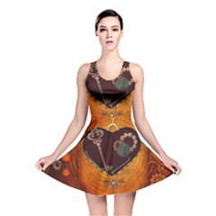 Steampunk, Heart With Gears, Dragonfly And Clocks Reversible Skater Dress by FantasyWorld7