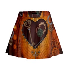 Steampunk, Heart With Gears, Dragonfly And Clocks Mini Flare Skirt by FantasyWorld7