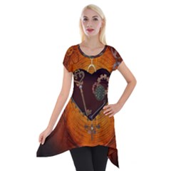 Steampunk, Heart With Gears, Dragonfly And Clocks Short Sleeve Side Drop Tunic by FantasyWorld7