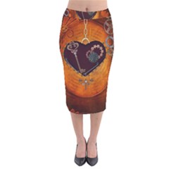 Steampunk, Heart With Gears, Dragonfly And Clocks Velvet Midi Pencil Skirt by FantasyWorld7