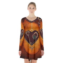 Steampunk, Heart With Gears, Dragonfly And Clocks Long Sleeve Velvet V-neck Dress by FantasyWorld7