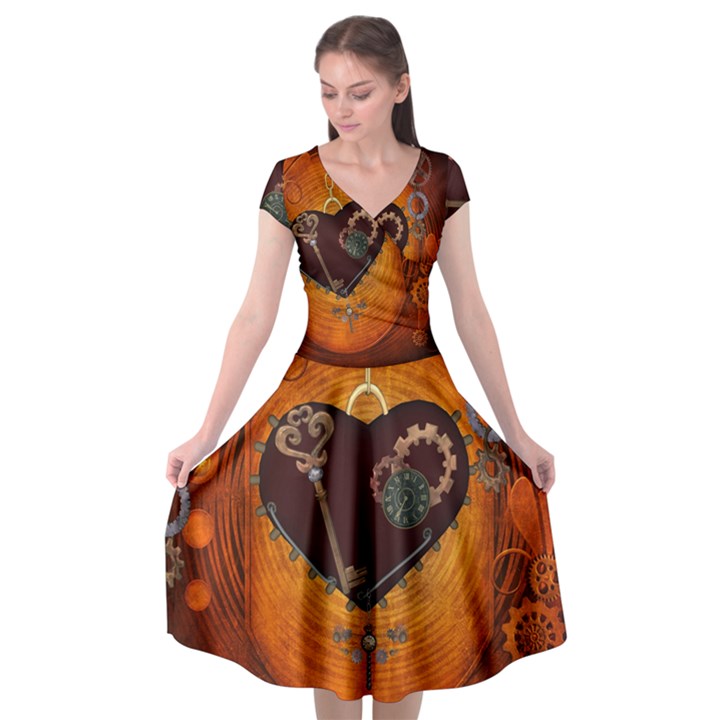 Steampunk, Heart With Gears, Dragonfly And Clocks Cap Sleeve Wrap Front Dress