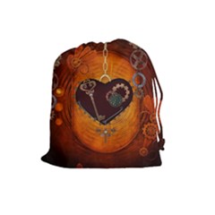 Steampunk, Heart With Gears, Dragonfly And Clocks Drawstring Pouches (large)  by FantasyWorld7