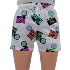 Old Cameras Pattern                       Women s Satin Sleepwear Sleeve Shorts by LalyLauraFLM