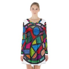 Stained Glass Color Texture Sacra Long Sleeve Velvet V-neck Dress by BangZart