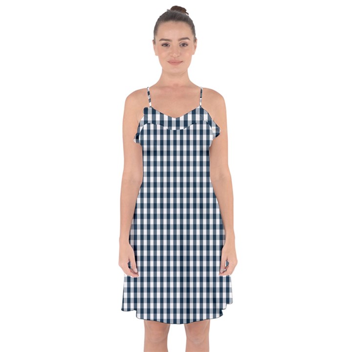 Silent Night Blue Large Gingham Check Ruffle Detail Chiffon Dress