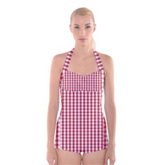 Usa Flag Red Blood Large Gingham Check Boyleg Halter Swimsuit 