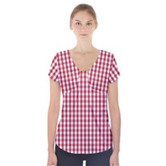 Usa Flag Red Blood Large Gingham Check Short Sleeve Front Detail Top by PodArtist