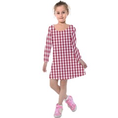 Usa Flag Red Blood Large Gingham Check Kids  Long Sleeve Velvet Dress by PodArtist