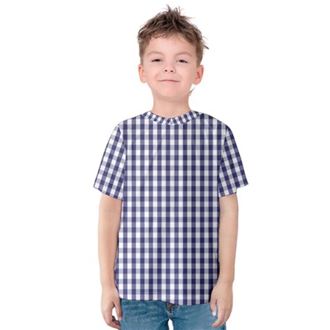 Usa Flag Blue Large Gingham Check Plaid  Kids  Cotton Tee by PodArtist