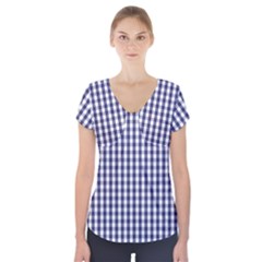 Usa Flag Blue Large Gingham Check Plaid  Short Sleeve Front Detail Top