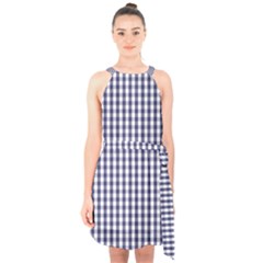 Usa Flag Blue Large Gingham Check Plaid  Halter Collar Waist Tie Chiffon Dress by PodArtist