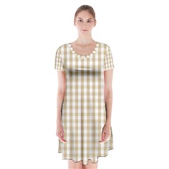 Christmas Gold Large Gingham Check Plaid Pattern Short Sleeve V-neck Flare Dress by PodArtist