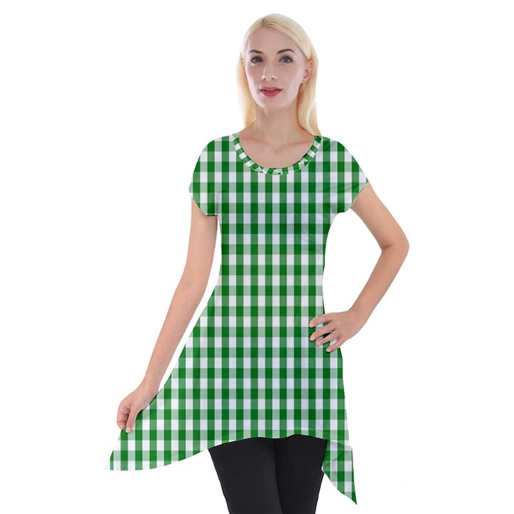 Christmas Green Velvet Large Gingham Check Plaid Pattern Short Sleeve Side Drop Tunic