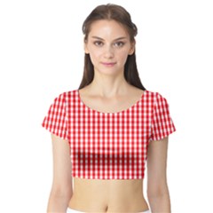 Christmas Red Velvet Large Gingham Check Plaid Pattern Short Sleeve Crop Top (tight Fit) by PodArtist