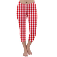 Christmas Red Velvet Large Gingham Check Plaid Pattern Capri Winter Leggings  by PodArtist