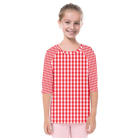 Christmas Red Velvet Large Gingham Check Plaid Pattern Kids  Quarter Sleeve Raglan Tee by PodArtist