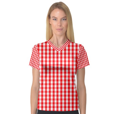 Christmas Red Velvet Large Gingham Check Plaid Pattern Women s V-neck Sport Mesh Tee by PodArtist