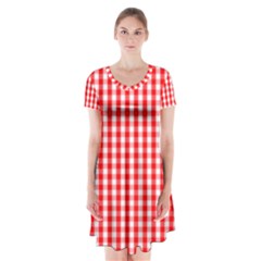 Christmas Red Velvet Large Gingham Check Plaid Pattern Short Sleeve V-neck Flare Dress by PodArtist