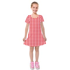 Christmas Red Velvet Large Gingham Check Plaid Pattern Kids  Short Sleeve Velvet Dress by PodArtist