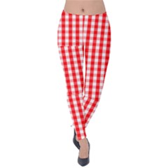 Christmas Red Velvet Large Gingham Check Plaid Pattern Velvet Leggings by PodArtist