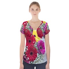 Flowers Gerbera Floral Spring Short Sleeve Front Detail Top by BangZart