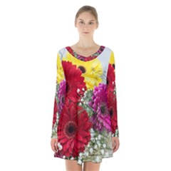 Flowers Gerbera Floral Spring Long Sleeve Velvet V-neck Dress by BangZart