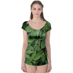 Texture Leaves Light Sun Green Boyleg Leotard  by BangZart