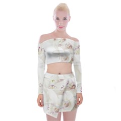 Orchids Flowers White Background Off Shoulder Top With Skirt Set by BangZart