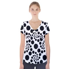 Dot Dots Round Black And White Short Sleeve Front Detail Top by BangZart