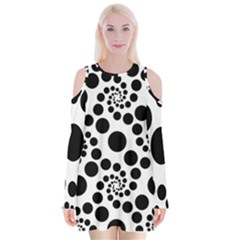 Dot Dots Round Black And White Velvet Long Sleeve Shoulder Cutout Dress by BangZart