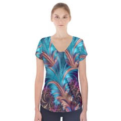 Feather Fractal Artistic Design Short Sleeve Front Detail Top by BangZart