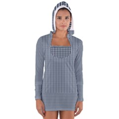 Silent Night Blue Mini Gingham Check Plaid Women s Long Sleeve Hooded T-shirt