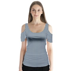 Silent Night Blue Mini Gingham Check Plaid Butterfly Sleeve Cutout Tee 