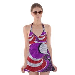 Fractal Art Red Design Pattern Halter Swimsuit Dress by BangZart