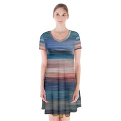 Background Horizontal Lines Short Sleeve V-neck Flare Dress by BangZart